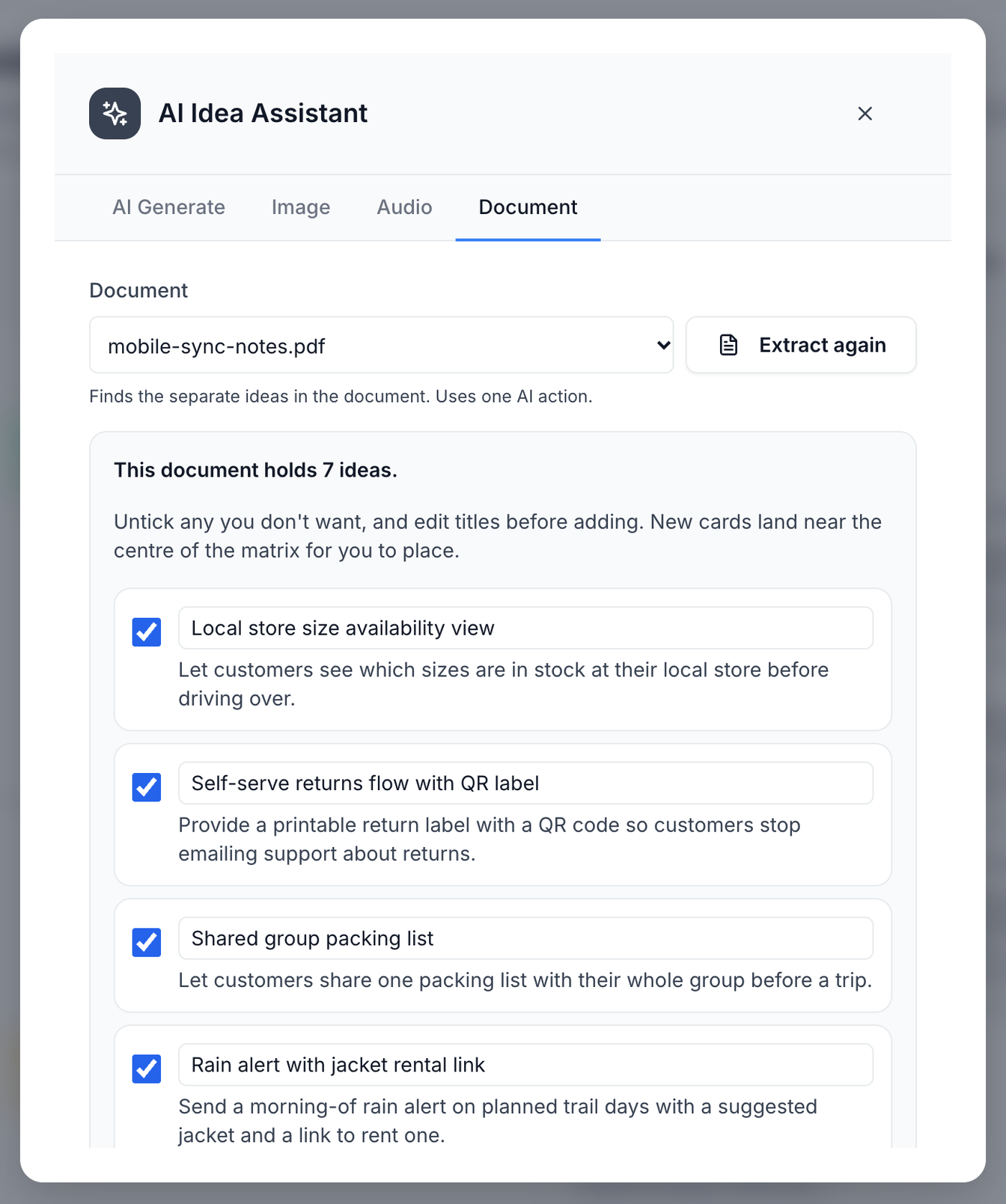 The AI idea assistant listing seven ideas extracted from a meeting-notes document, each with a tick box and an editable title.