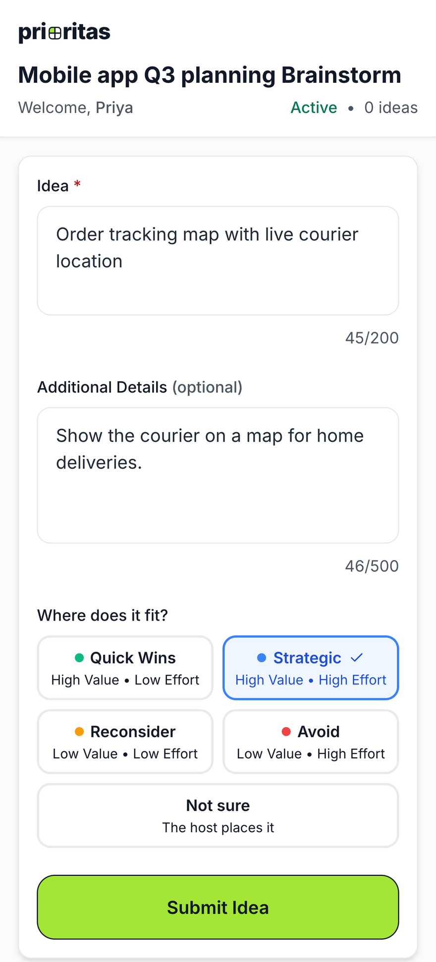 A phone screen where a participant types an idea into a brainstorm session and picks where it fits: Quick Wins, Strategic, Reconsider, Avoid or Not sure.