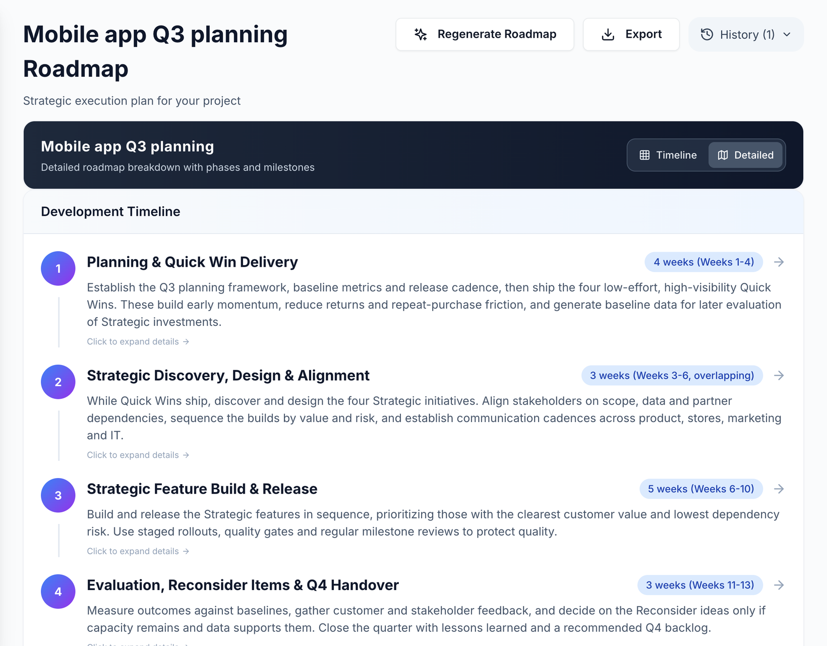 A generated roadmap listing four phases, starting with a four-week Quick Win delivery phase, followed by strategic discovery, strategic build and an evaluation phase.